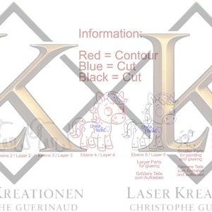 K&ouml;nnte beinhalten: Ein Bild mit dem Text "Information" und "Red = Contour, Blue = Cut, Black = Cut". Das Bild enth&auml;lt auch den Text "Laser Kreationen Christophe Guerinaud" und Illustrationen eines Pferdes und eines Sockels.