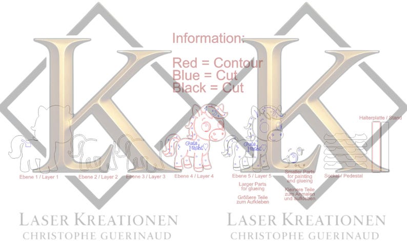 K&ouml;nnte beinhalten: Ein Bild mit dem Text "Information" und "Red = Contour, Blue = Cut, Black = Cut". Das Bild enth&auml;lt auch den Text "Laser Kreationen Christophe Guerinaud" und Illustrationen eines Pferdes und eines Sockels.