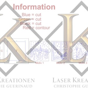 May include: An image with the text "Information" and "LASER KREATIONEN CHRISTOPHE GUERINAUD". The image shows a large letter "K" with several design elements and four small winter scene illustrations.