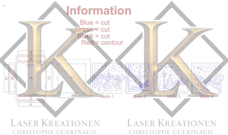 May include: An image with the text "Information" and "LASER KREATIONEN CHRISTOPHE GUERINAUD". The image shows a large letter "K" with several design elements and four small winter scene illustrations.