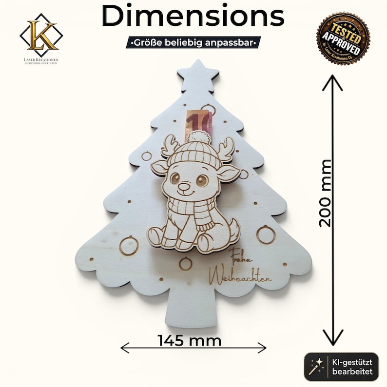May include: A light-colored wooden Christmas tree ornament featuring a central reindeer illustration wearing a hat and scarf. The ornament includes the text "Frohe Weihnachten" and measures 200 mm in height by 145 mm in width. It has a star at the top and circular decorative cutouts.