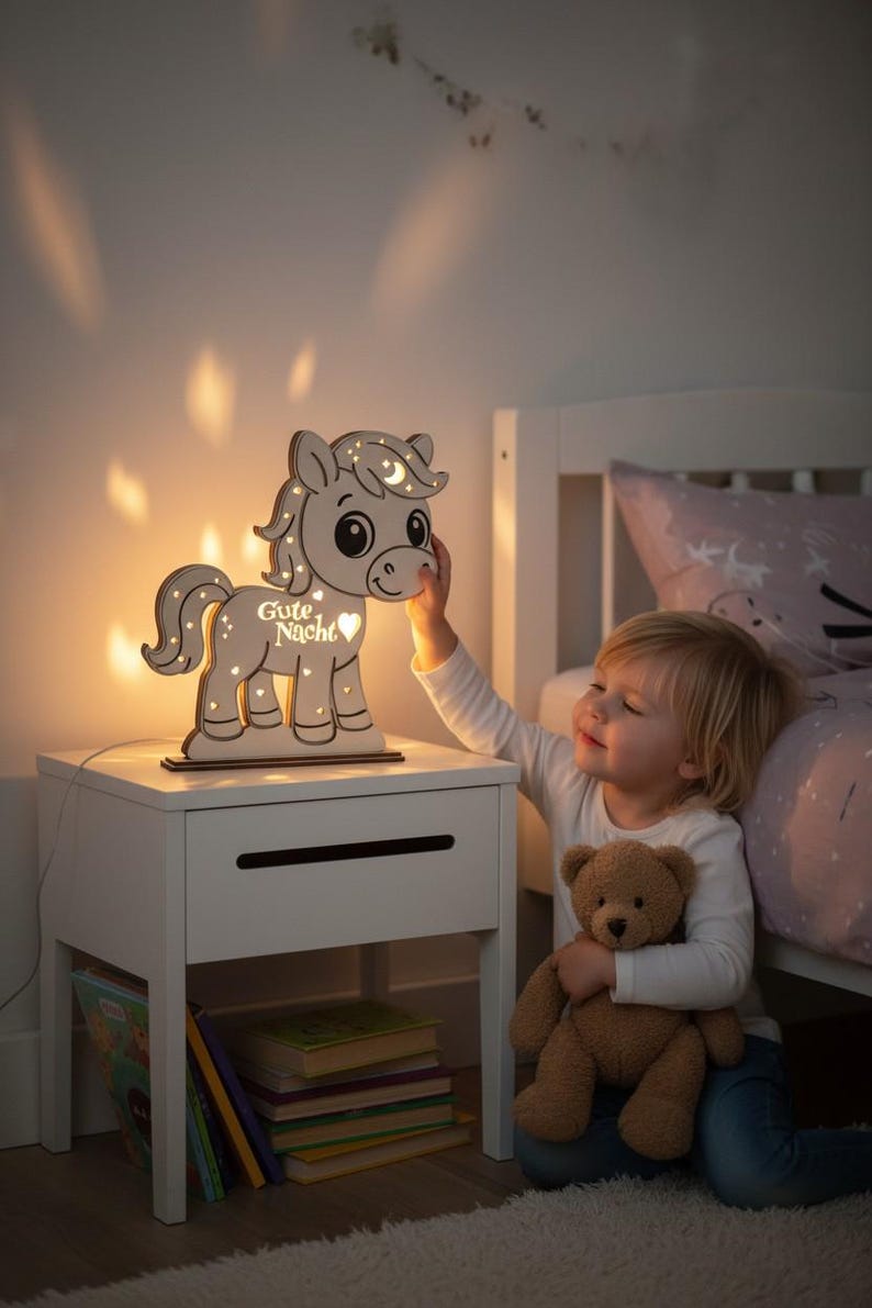 K&ouml;nnte beinhalten: Ein h&ouml;lzernes Nachtlicht in Form eines Pferdes mit Mond- und Sternendesign. Das Licht hat die Worte "Gute Nacht" und ein Herz. Das Licht steht auf einem wei&szlig;en Nachttisch neben einem Kind, das einen Teddyb&auml;ren h&auml;lt.
