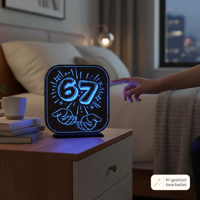 Blau leuchtende LED-Lampe mit der Zahl 67 im Comic-Stil. Unter der Zahl sind zwei stilisierte Hände dargestellt, die mit nach oben gerichteten Handflächen eine Waage-ähnliche Geste zeigen. Das Design greift ein bekanntes Meme auf und eignet sich als humorvolle Geburtstagsdekoration. Laser Cut Datei für Acryl und Pappelsperrholz, geeignet für LED-Beleuchtung.