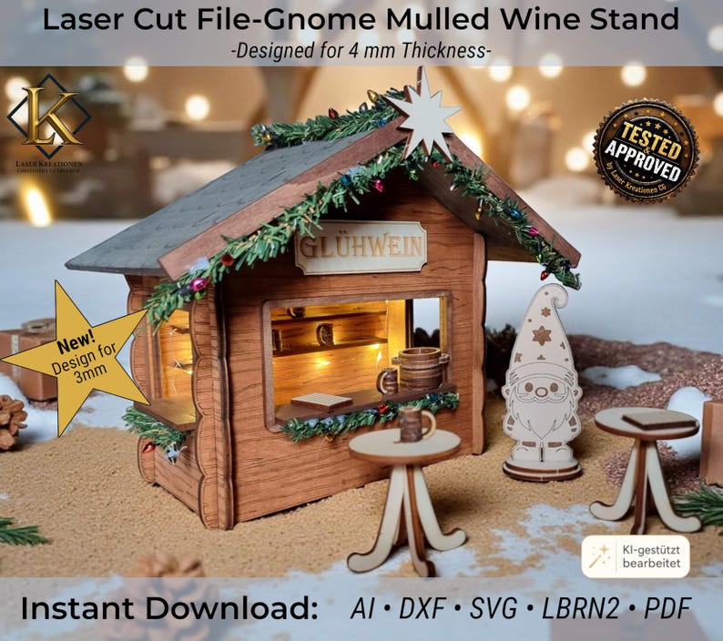 Laserdatei zur Herstellung eines Wichtel-Glühwein-Standes aus Holz mit kleinen Stehtischen, Topf, Tassen, Getränkekarte und Wichtelfigur. Der Stand ist für 4 mm und 3 mm Dicke ausgelegt und trägt das Wort "GLÜHWEIN".