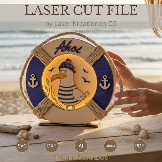 Laser Cut File Maritime Dekolampe | Rettungsring & Möwe Nachtlicht SVG DXF | Küsten Deko Lightbox Nordsee Ostsee Meer Datei