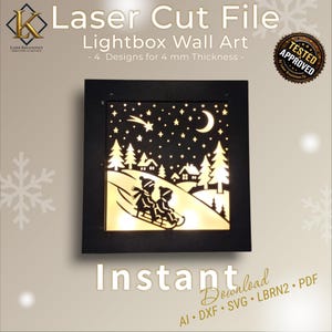 Laser Cut Datei Lightbox Wandbild mit 4 weihnachtlichen Motiven – Häuser, Tannenbäume, Sterne und Mond als detailreiche Silhouette zum Aufhängen. Geeignet für 4mm Holz, Hinterleuchtung mit Lichterkette möglich. Perfekte Weihnachtsdeko zum Selbermachen.