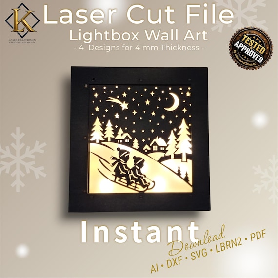 Laser Cut File Lightbox Wall Art Datei SVG DXF | Weihnachten Wandbild Shadow Box mit 4 Motiven | Weihnachtsdeko Winter Scene PDF Lightburn