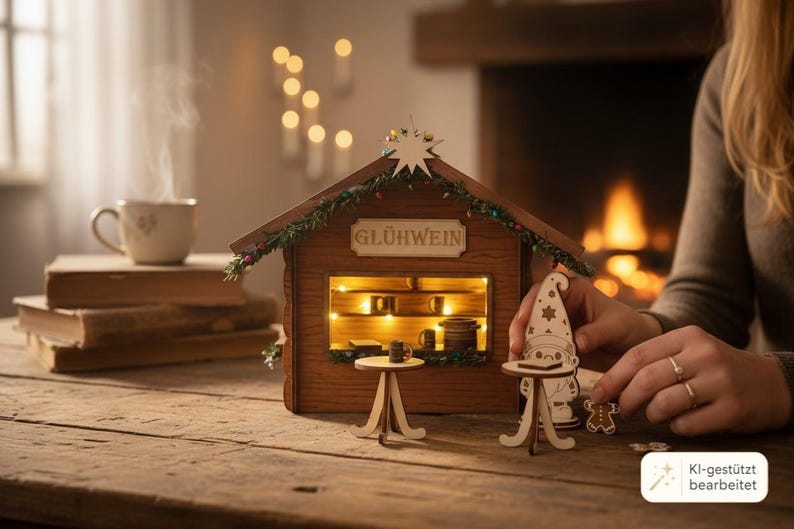 May include: A miniature wooden Gl&uuml;hwein stall featuring a peaked roof with a star, illuminated interior shelves, and two small round tables. The structure is decorated with green garland and includes a small wooden gnome figure and a gingerbread man.