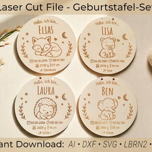 Może przedstawiać: Zestaw ogłoszeń urodzinowych wyciętych laserowo z drewna. Każda okrągła tabliczka zawiera inną ilustrację zwierzęcia, imię, datę urodzenia, wagę w gramach i wzrost w cm. Zestaw zawiera lisa, niedźwiedzia, jeża i słonia.