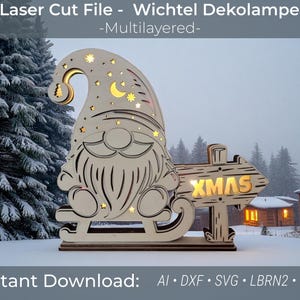 Laser Cut File Weihnachtswichtel Deko Lampe | SVG Laserdatei Gnome Light | Xmas Beleuchtung LED | Nachtlicht Christmas | Wichtel Laser DIY