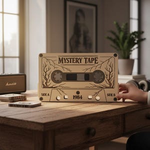 May include: A wooden cassette tape with the words "MYSTERY TAPE" and "1984" engraved on it. The tape has a vintage design with tree branch accents. The cassette is sitting on a wooden table.