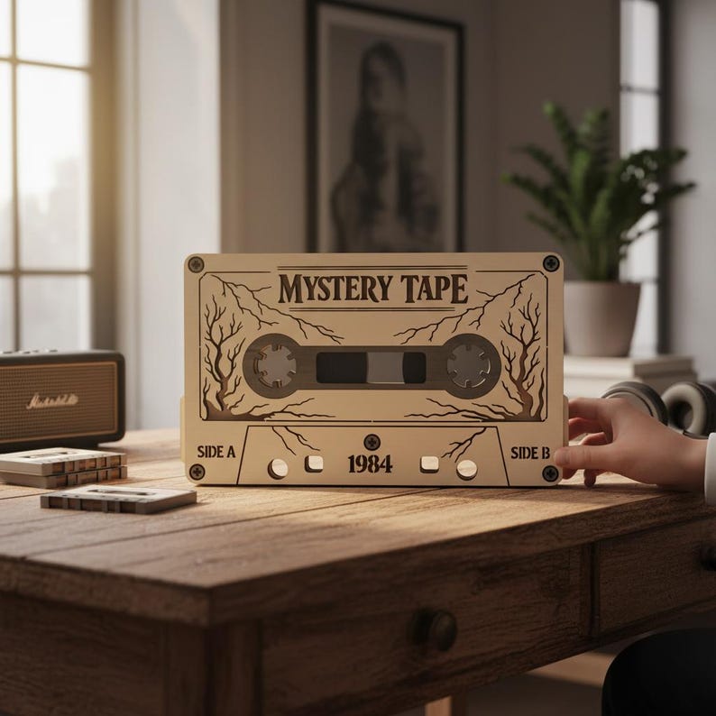 May include: A wooden cassette tape with the words "MYSTERY TAPE" and "1984" engraved on it. The tape has a vintage design with tree branch accents. The cassette is sitting on a wooden table.
