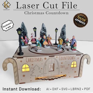 May include: A laser-cut Christmas countdown calendar with a winter village scene. The wooden structure features a central door displaying "24 DAYS LEFT" and miniature figures. The design includes candy cane-shaped handles and illuminated windows. The thickness is 4 mm.