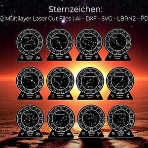 12 w 1 Laser Cut File Zodiac Sign Decoration Lamp Bundle ai, dxf, svg, lbrn2, pdf, Zestaw wielowarstwowych znaków zodiaku, Konstelacja, Lampka nocna do pokoju dziecięcego