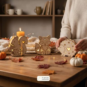 May include: Three light-up wooden animal figures shaped like a squirrel, a fox, and a hedgehog. Each figure features cut-out heart and leaf patterns that glow from within. The squirrel holds an acorn, and the figures are arranged on a wooden table with small pumpkins and scattered autumn leaves.