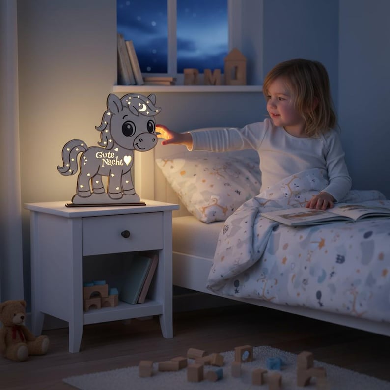 K&ouml;nnte beinhalten: Graues Holz-Nachtlicht in Pferdeform mit den Worten "Gute Nacht" und sternf&ouml;rmigen Ausschnitten. Das Nachtlicht steht auf einem wei&szlig;en Nachttisch. Ein Kind greift nach dem Licht.