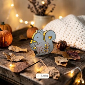 May include: A light-colored wooden squirrel-shaped decorative light featuring cutouts of an acorn, a heart, and leaves. The squirrel figure is illuminated from within, casting a warm glow through the openings on its body and tail.