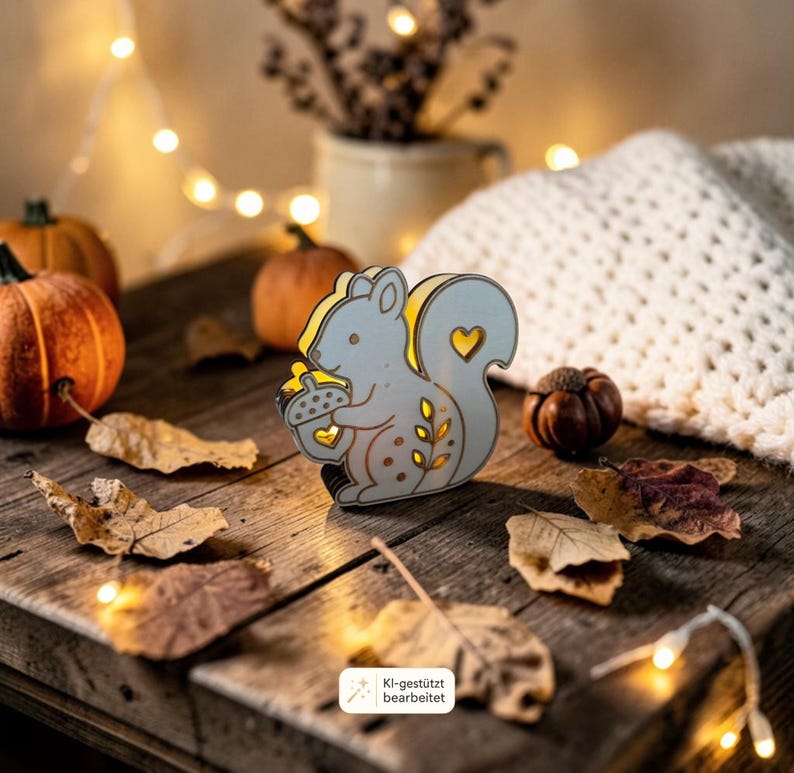 May include: A light-colored wooden squirrel-shaped decorative light featuring cutouts of an acorn, a heart, and leaves. The squirrel figure is illuminated from within, casting a warm glow through the openings on its body and tail.