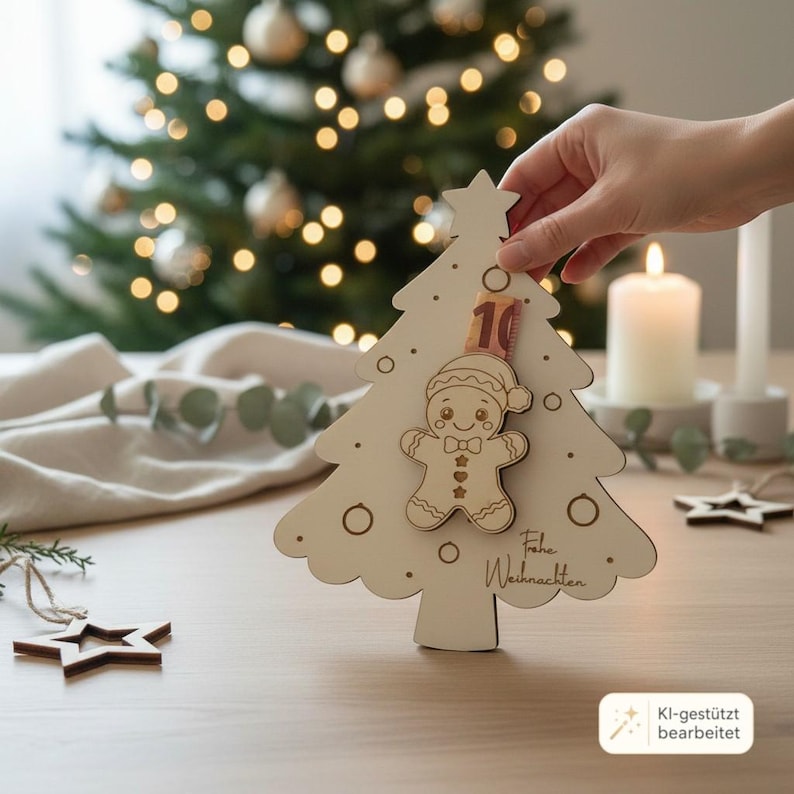 May include: A light-colored wooden Christmas tree ornament featuring a cutout gingerbread man figure at the center and the text "Frohe Weihnachten" engraved on the surface. The tree is topped with a star and includes circular cutouts.