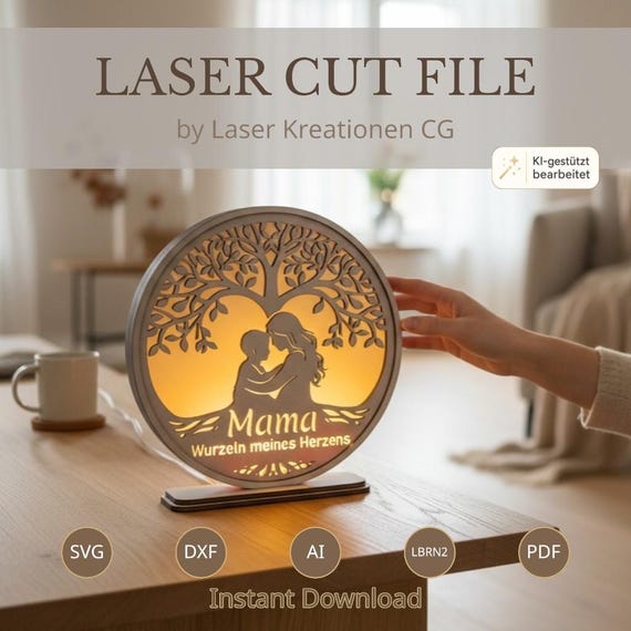 Laser Cut File Muttertag LED Lampe | Nachtlicht Mama Geschenk | Dekobeleuchtung Herz Baum Liebe | Lightbox Mutter Kind DIY
