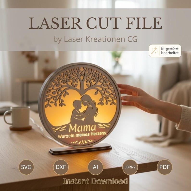 LED Nachtlicht aus Holz mit Mutter Kind Motiv und Baum als dekorative Beleuchtung für Muttertag als DIY Laserschnitt Datei Geschenkidee