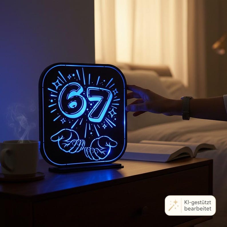 May include: A square-shaped LED light display featuring the number 67 in a bold, outlined font, surrounded by radiating starburst accents and two open hands at the bottom. The design glows with a vibrant blue light against a dark background.