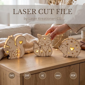 Laser Cut File LED Herbstdeko 3er Set für Ballonlicht | Lightbox Datei | Dekobeleuchtung Eichhörnchen Fuchs Igel SVG | Herbstliche Tischdeko