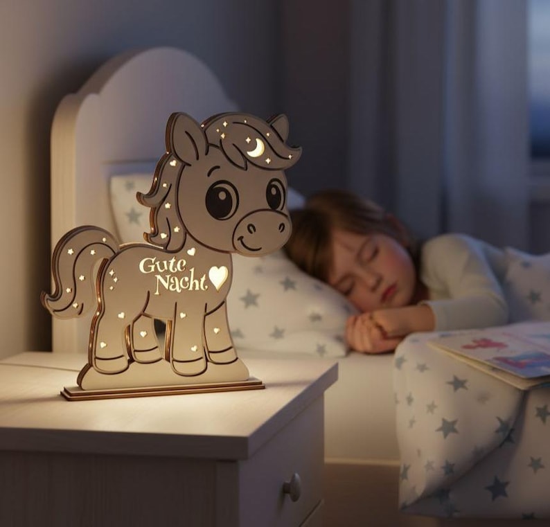 K&ouml;nnte beinhalten: Ein h&ouml;lzernes Nachtlicht in Pferdeform mit den Worten "Gute Nacht" und einem Herz-Ausschnitt. Das Licht steht auf einem Nachttisch. Das Pferd hat Mond- und Stern-Ausschnitte.