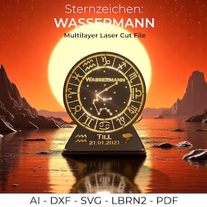 Fichier de découpe laser du signe du zodiaque Verseau, lampe SVG multicouche, modèle de veilleuse, dxf, ai, pdf, lbrn2
