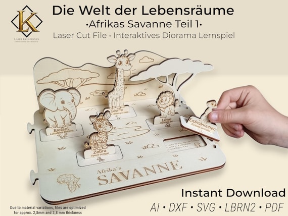 Laser Cut File Diorama Lernspiel Kinder | Steckspiel Tiere Afrikas | Montessori Lernspiel | Puzzle SVG Memory | Sammelfiguren Brettspiel 1/3
