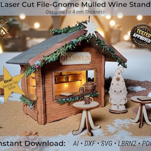 May include: Laser cut wooden gnome mulled wine stand with a small table and gnome figure. The stand is designed for 4 mm thickness and features the word "GLÜHWEIN". The design is also available for 3mm thickness.