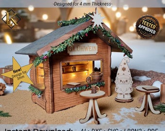 May include: Laser cut wooden gnome mulled wine stand with a small table and gnome figure. The stand is designed for 4 mm thickness and features the word "GLÜHWEIN". The design is also available for 3mm thickness.
