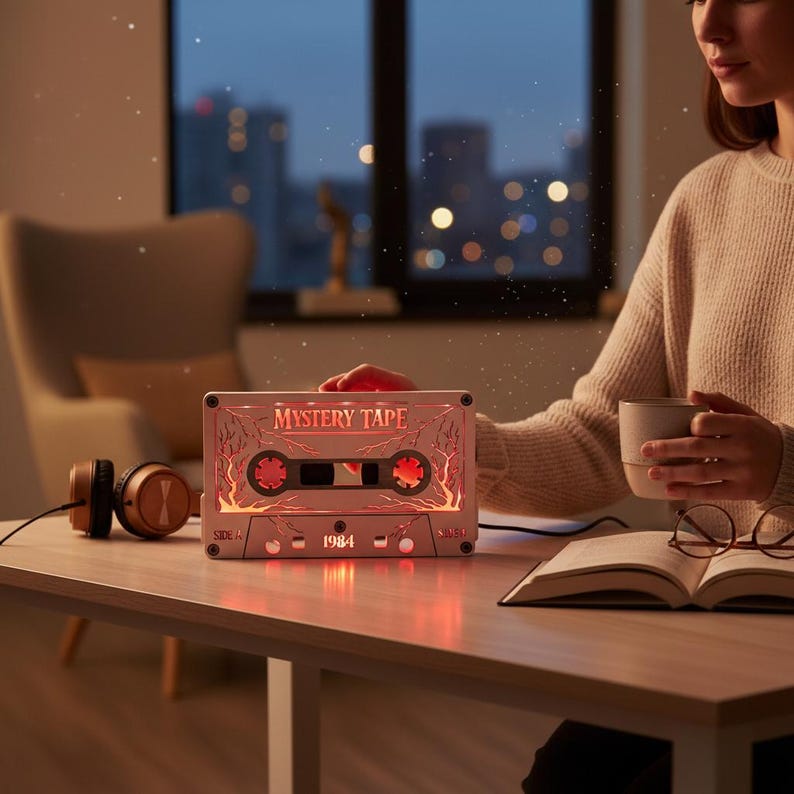 May include: A light-up cassette tape with the text "MYSTERY TAPE" and "1984". The cassette tape is pink with a red glow. A pair of headphones and a book are on the table.