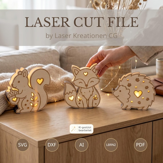 Laser Cut File LED Herbstdeko 3er Set für Ballonlicht | Lightbox Datei | Dekobeleuchtung Eichhörnchen Fuchs Igel SVG | Herbstliche Tischdeko