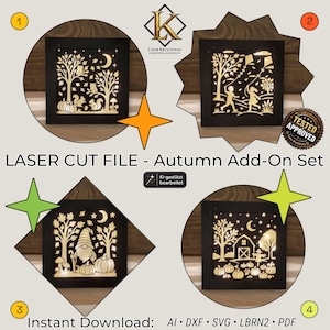 May include: A digital laser cut file set titled LASER CUT FILE - Autumn Add-On Set, featuring four square black frames with illuminated autumn scenes including owls, children with kites, a gnome with pumpkins, and a farm with a barn.