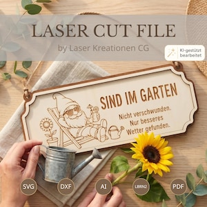 Laser-cut design of a funny garden sign | Decoration for garden, patio, front door | Humorous garden gnome door sign, laser-cut file SVG DXF