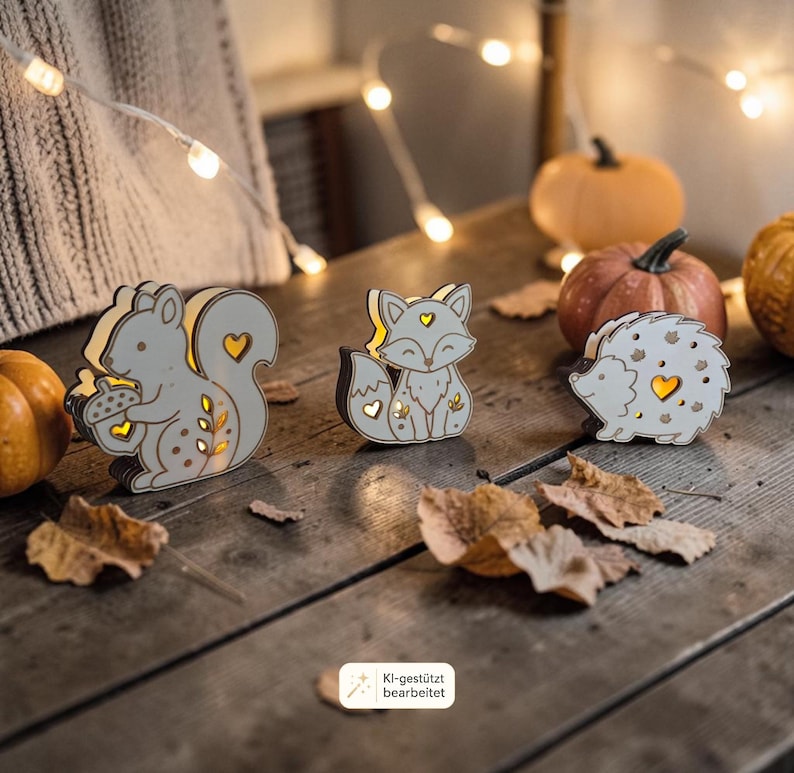 May include: Three light-up wooden animal figures featuring a squirrel holding an acorn, a fox, and a hedgehog. Each figure is crafted from light-colored wood with cut-out heart and leaf shapes that emit a warm, glowing light from within.