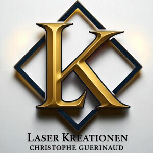 May include: A gold-colored letter K logo centered over a dark blue diamond-shaped frame. Below the graphic, the text reads LASER KREATIONEN and CHRISTOPHE GUERINAUD in a black serif font against a plain, light-colored background.