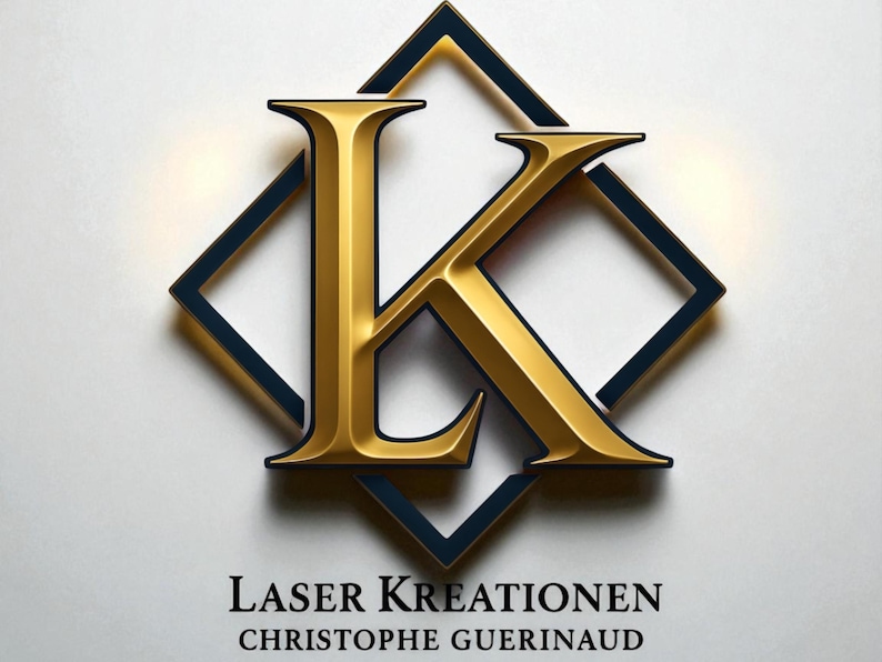 May include: A gold-colored letter K logo centered over a dark blue diamond-shaped frame. Below the graphic, the text reads LASER KREATIONEN and CHRISTOPHE GUERINAUD in a black serif font against a plain, light-colored background.