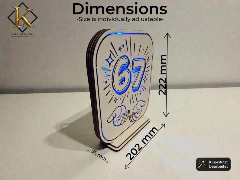 May include: A laser-cut wooden sign featuring the number 67, star accents, and two hands, illuminated by blue light. The sign measures 222 mm in height, 202 mm in width, and 55 mm in depth. Text includes "Dimensions" and "Size is individually adjustable."