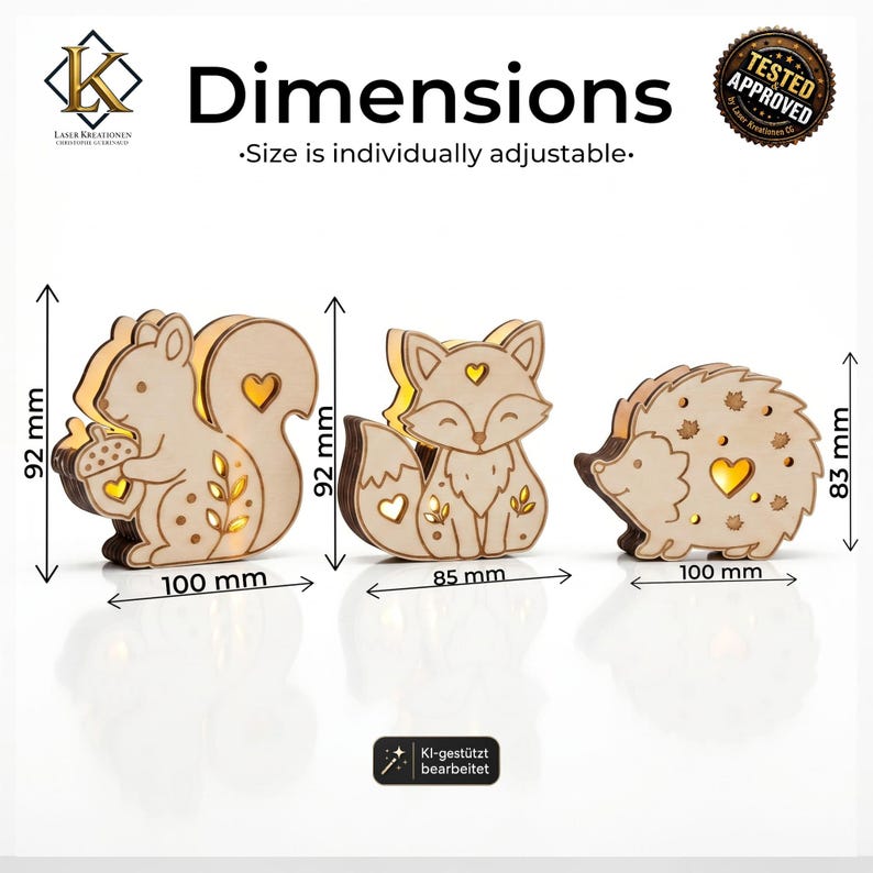 May include: Three laser-cut wooden animal figures: a squirrel holding an acorn, a fox, and a hedgehog. Each features heart-shaped cutouts and internal lighting. Dimensions are 92mm by 100mm for the squirrel, 92mm by 85mm for the fox, and 83mm by 100mm for the hedgehog.
