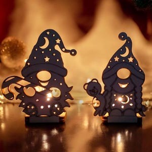 Archivo portavelas de gnomo (ai,dxf,svg,lbrn2,pdf) | 7 gnomos con velas de té | Linterna | Vela de té | Navidad | Contrachapado de 4 mm | Láseres |