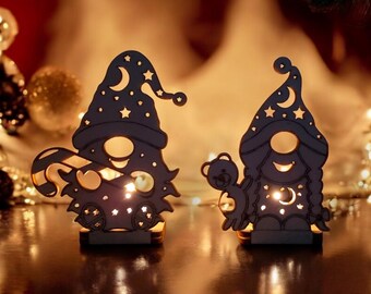 Gnome tealight holder file (ai,dxf,svg,lbrn2,pdf) | 7 tealight gnomes | Windlight | Tealight | Christmas | 4 mm plywood | Laser cut |