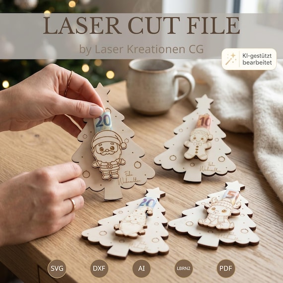Laser Cut File Weihnachten Geldgeschenk 4er Set | Weihnachtsbaum Geldhalter | SVG Files Christmas | Weihnachtsgeschenk DIY Laserdatei