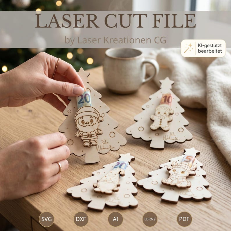 Laserschnitt Datei für ein 4er-Set Weihnachtsbäume als Geldgeschenk. Die Holzbäume besitzen Halterungen für Geldscheine und sind jeweils mit einem niedlichen Weihnachtsmotiv wie Weihnachtsmann, Lebkuchenmann, Wichtel oder Rentier verziert. Ideal zum Basteln persönlicher Geldgeschenke zu Weihnachten.