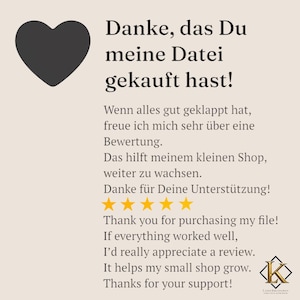 K&ouml;nnte beinhalten: Eine digitale Grafik mit Text auf Deutsch und Englisch, darunter "Danke, das Du meine Datei gekauft hast!" und "Thank you for purchasing my file!". Ein dunkelgraues Herz befindet sich in der oberen linken Ecke. Die Grafik enth&auml;lt auch eine F&uuml;nf-Sterne-Bewertung.