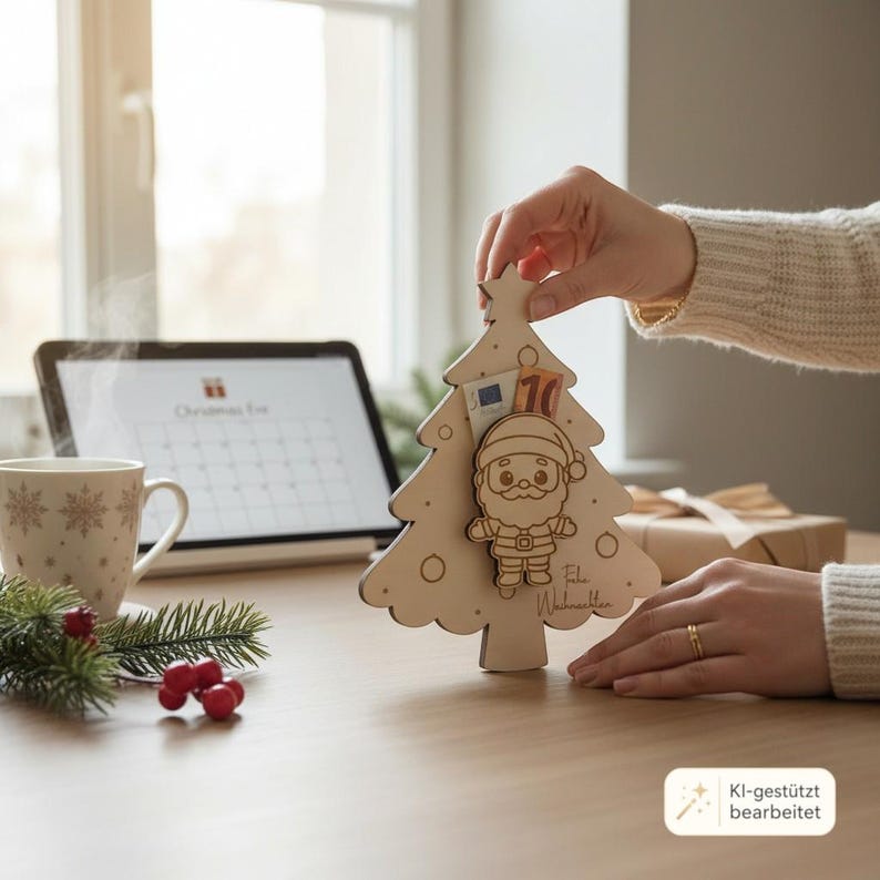 May include: A light-colored wooden Christmas tree ornament featuring a cutout of Santa Claus in the center. The tree has engraved circular ornaments and the script text Frohe Weihnachten. A ten-euro banknote is tucked behind the Santa figure.