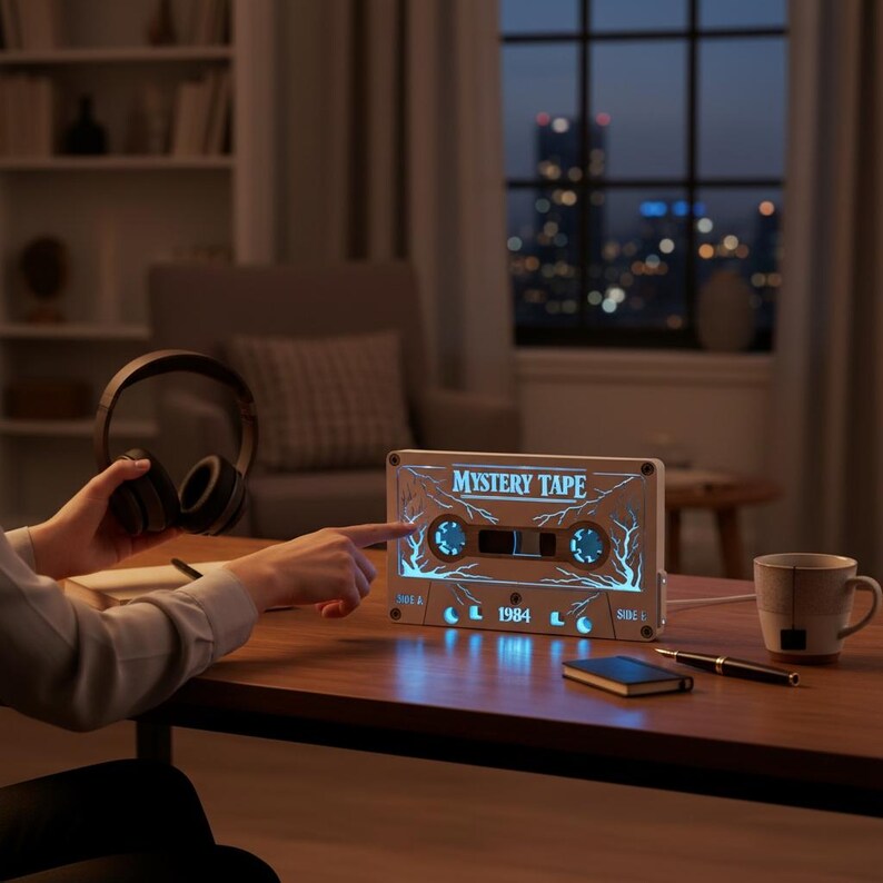 May include: A wooden cassette tape-shaped lamp with the text "MYSTERY TAPE" and "1984". The lamp has a blue glow and a tree branch design. A person is touching the lamp. A pair of headphones and a mug are on the table.