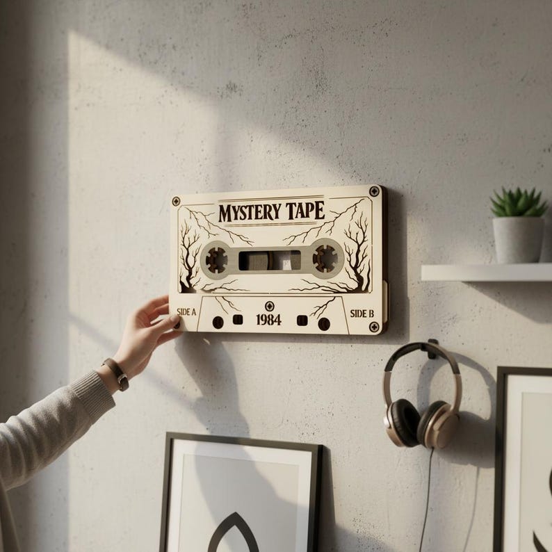 May include: A wooden cassette tape wall decor piece with the text "MYSTERY TAPE" and "1984". The design features tree illustrations and is mounted on a wall. The cassette tape is beige and brown.