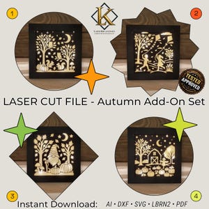 Könnte beinhalten: Ein Set aus vier lasergeschnittenen Herbstmotiven. Jedes Design ist in Schwarz gerahmt und zeigt filigrane Ausschnitte von Herbstszenen, darunter Bäume, Kürbisse und ein Zwerg. Der Text "LASER CUT FILE - Autumn Add-On Set" ist zu sehen.
